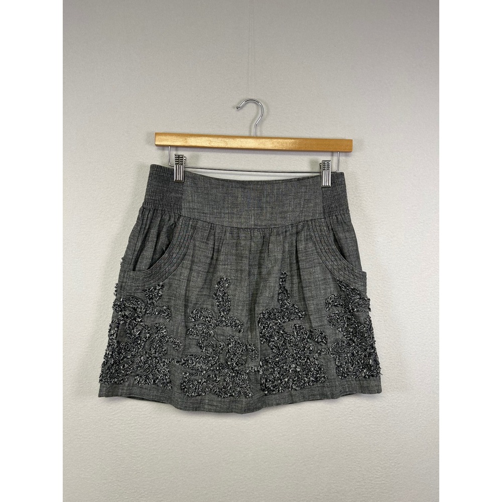 Boho Cottagecore Stooshy Womens Small Grey Embroidered Cotton Mini Skirt Pockets